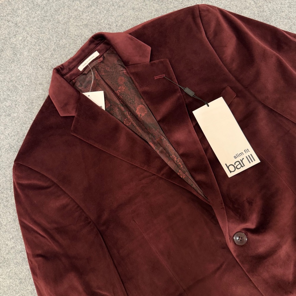 Bar III Mens Slim Fit Velvet Blazer Burgundy Red Jacket 38R New With Tags